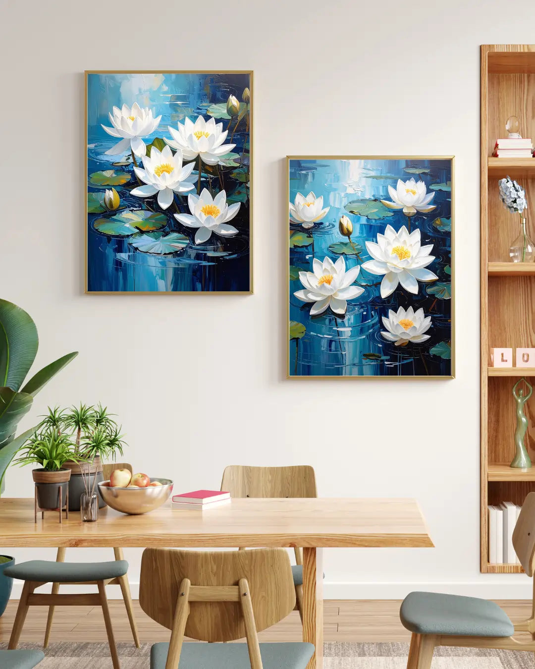 White lotus floral wall art canvas set displayed above a wooden dining table
