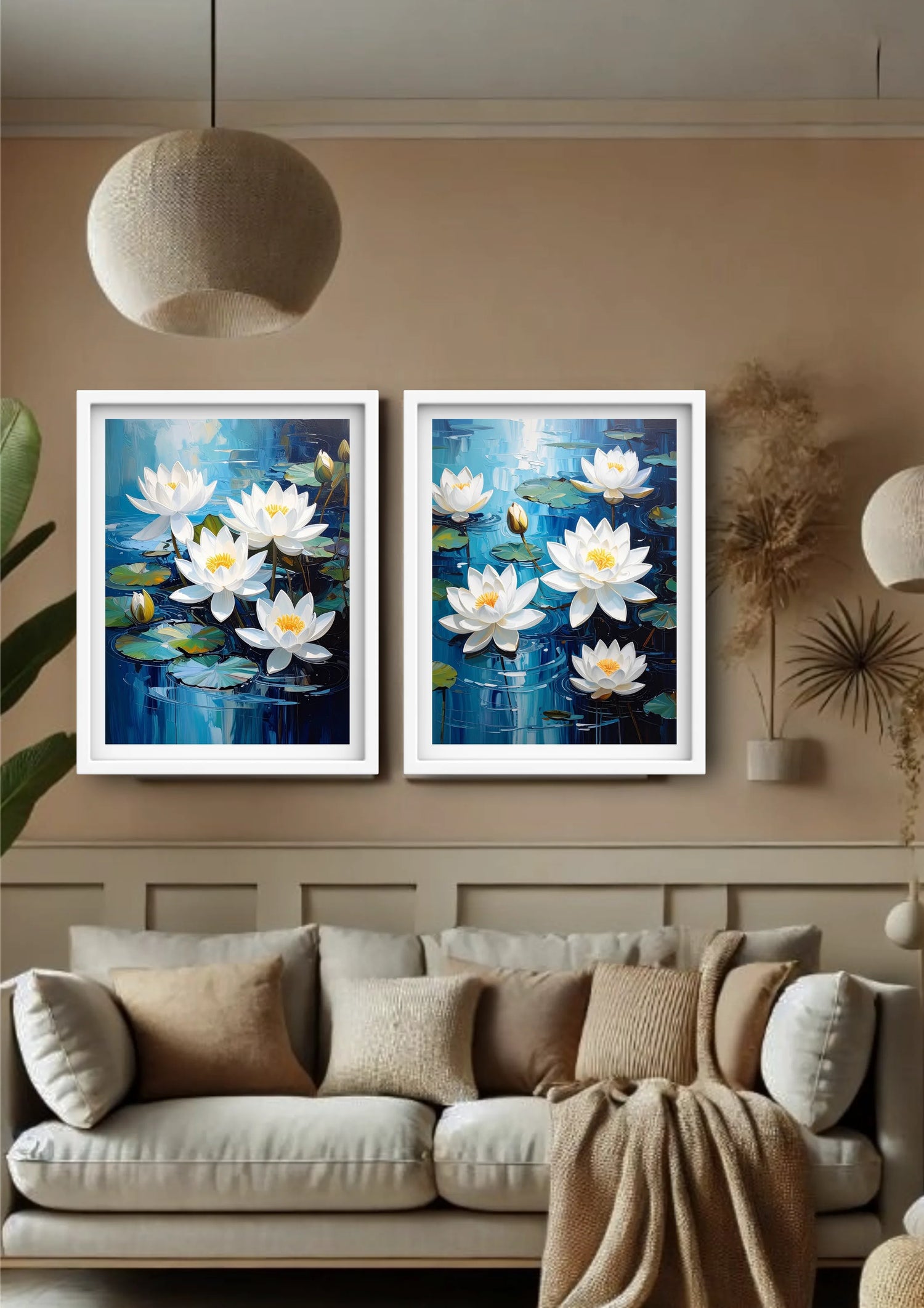 Modern living room decorated with white lotus floral wall art canvas set above sofa
