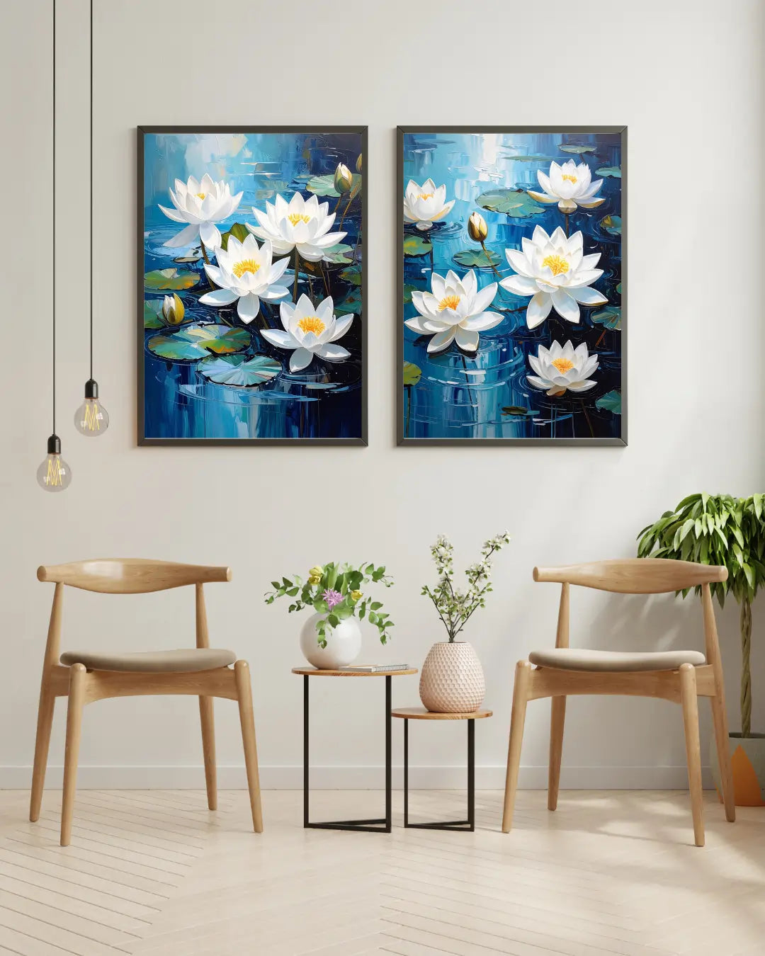 White lotus floral wall art canvas set displayed in a minimal dining room interior
