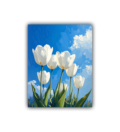 Close-up view of white tulip floral wall art canvas painting
