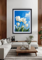 Modern living room decorated with white tulip floral wall art canvas above sofa
