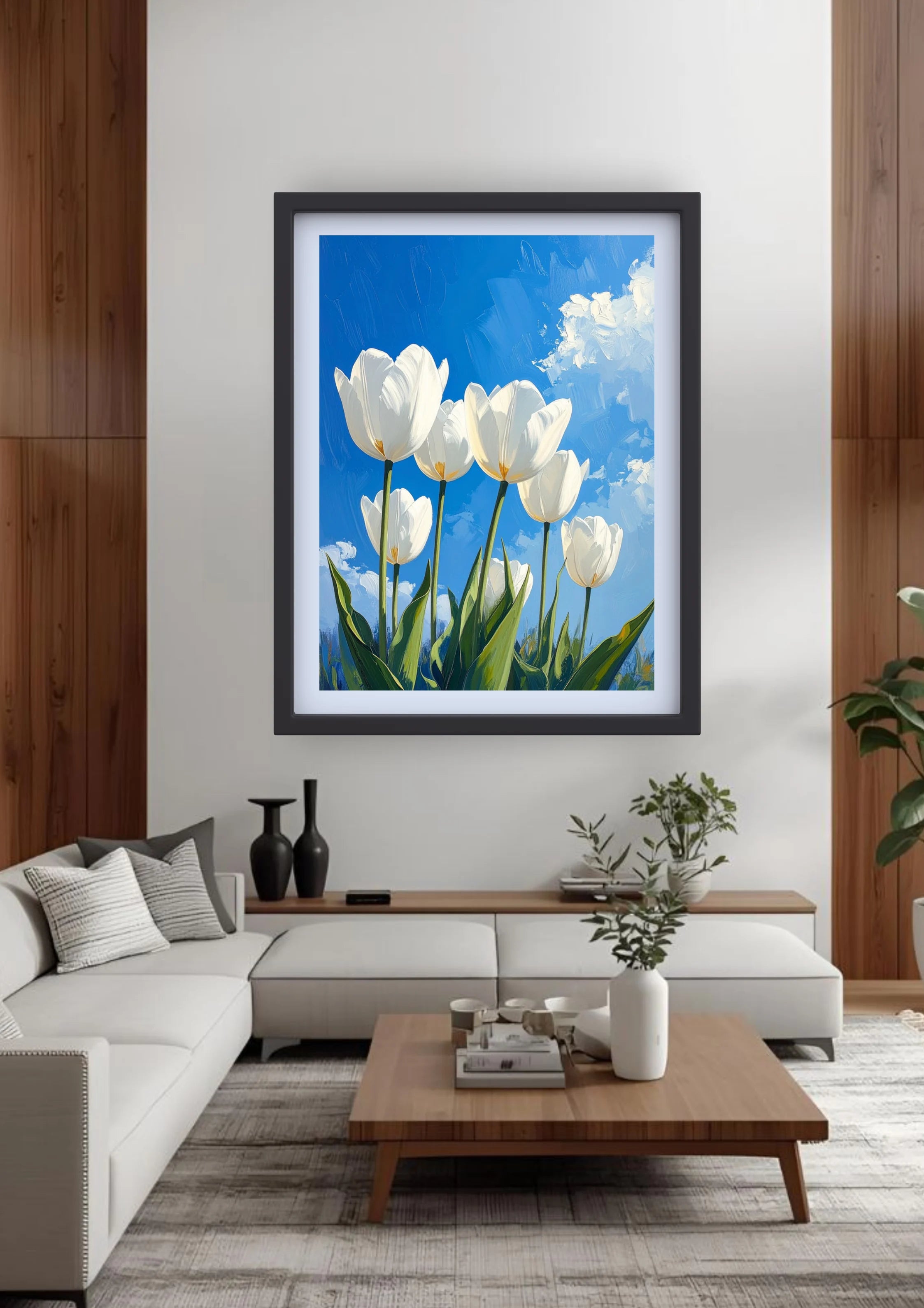 Modern living room decorated with white tulip floral wall art canvas above sofa
