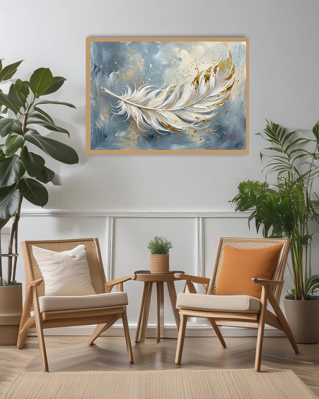 white feather wall art canvas in modern living room decor