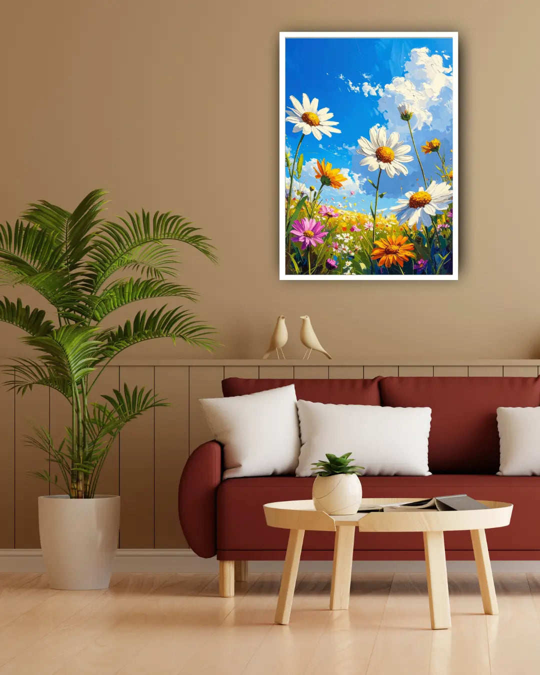 Daisy floral wall art canvas displayed above chair in a stylish home interior
