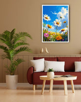Daisy floral wall art canvas displayed above chair in a stylish home interior
