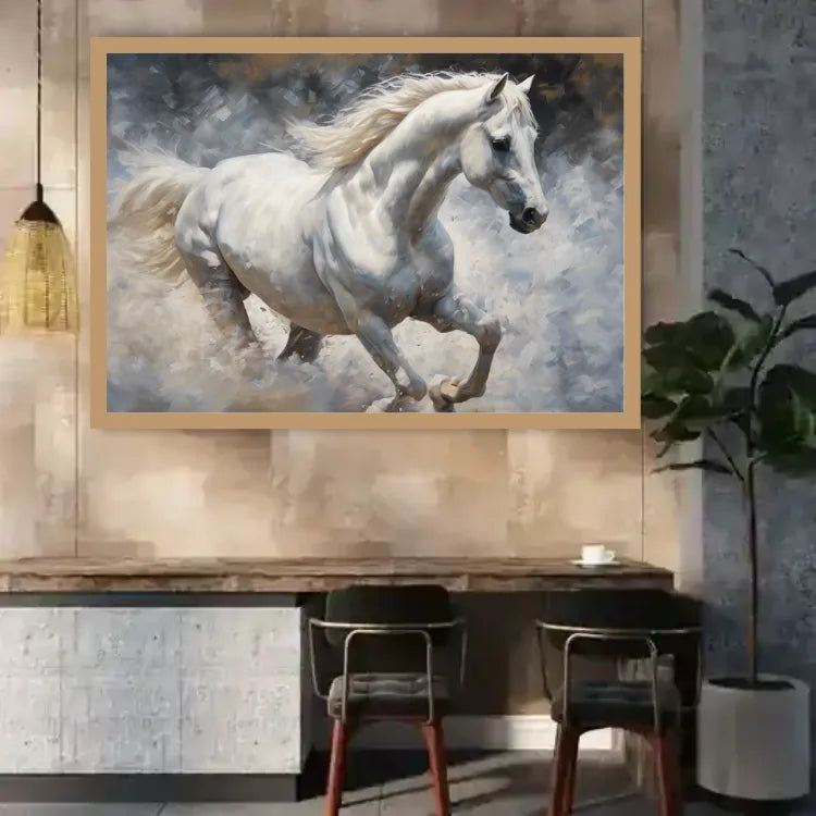Framed painting of a white horse on a wall above a desk.