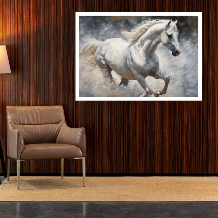 Brown leather chair in front of a painting of a white horse on a wooden wall.