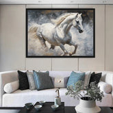 Living room with a white horse painting on the wall above a sofa.