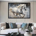 Living room with a white horse painting on the wall above a sofa.