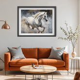 Living room with orange sofa, wooden coffee table, and framed horse painting on the wall.