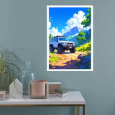A framed art print depicting a white off-road SUV on a dirt trail with a mountain and blue sky in the background, displayed on a muted blue-gray wall above a styled white console table.