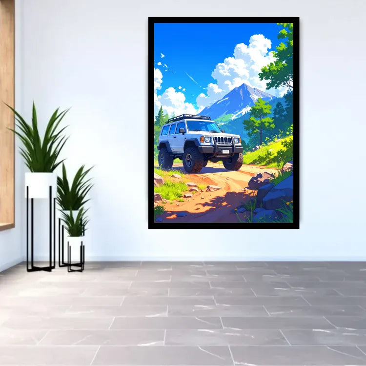 A colorful framed wall art print depicting a whimsical swirling landscape with a bright sun, hanging on a light beige wall in a styled children&
