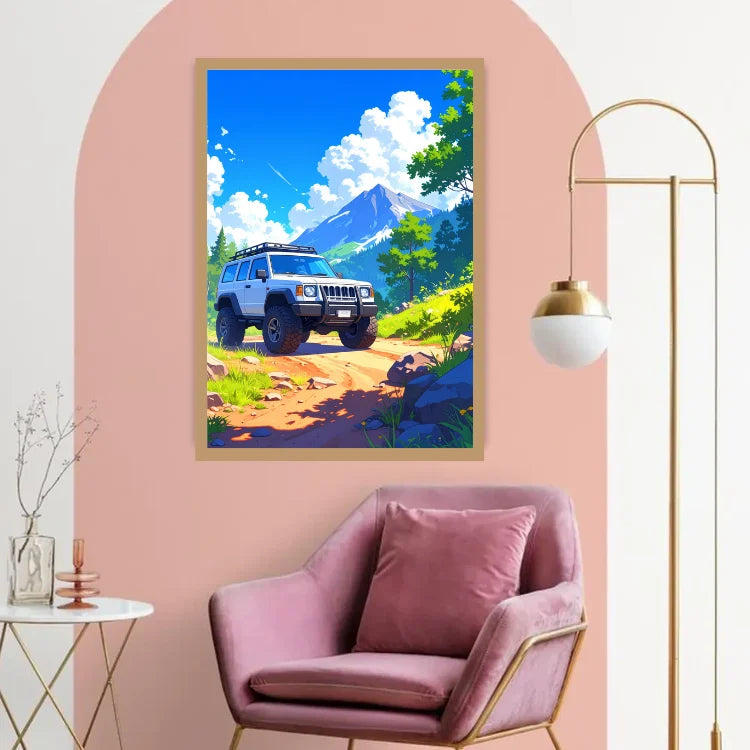A framed art print depicting a white off-road SUV on a dirt trail with mountains and a blue sky, displayed on a pink arched wall above a pink velvet armchair in a modern room setting.