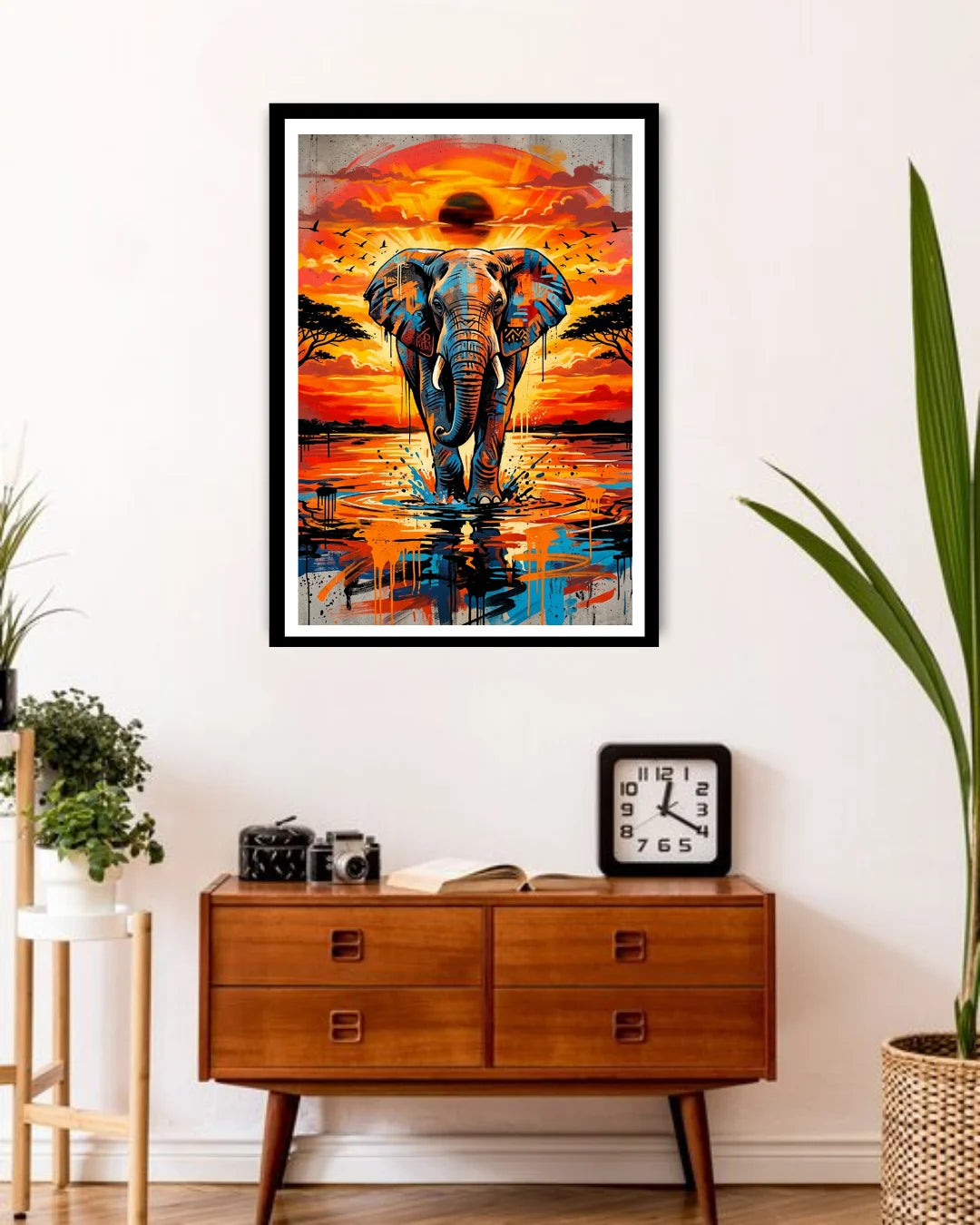 elephant sunset painting displayed in stylish home interior