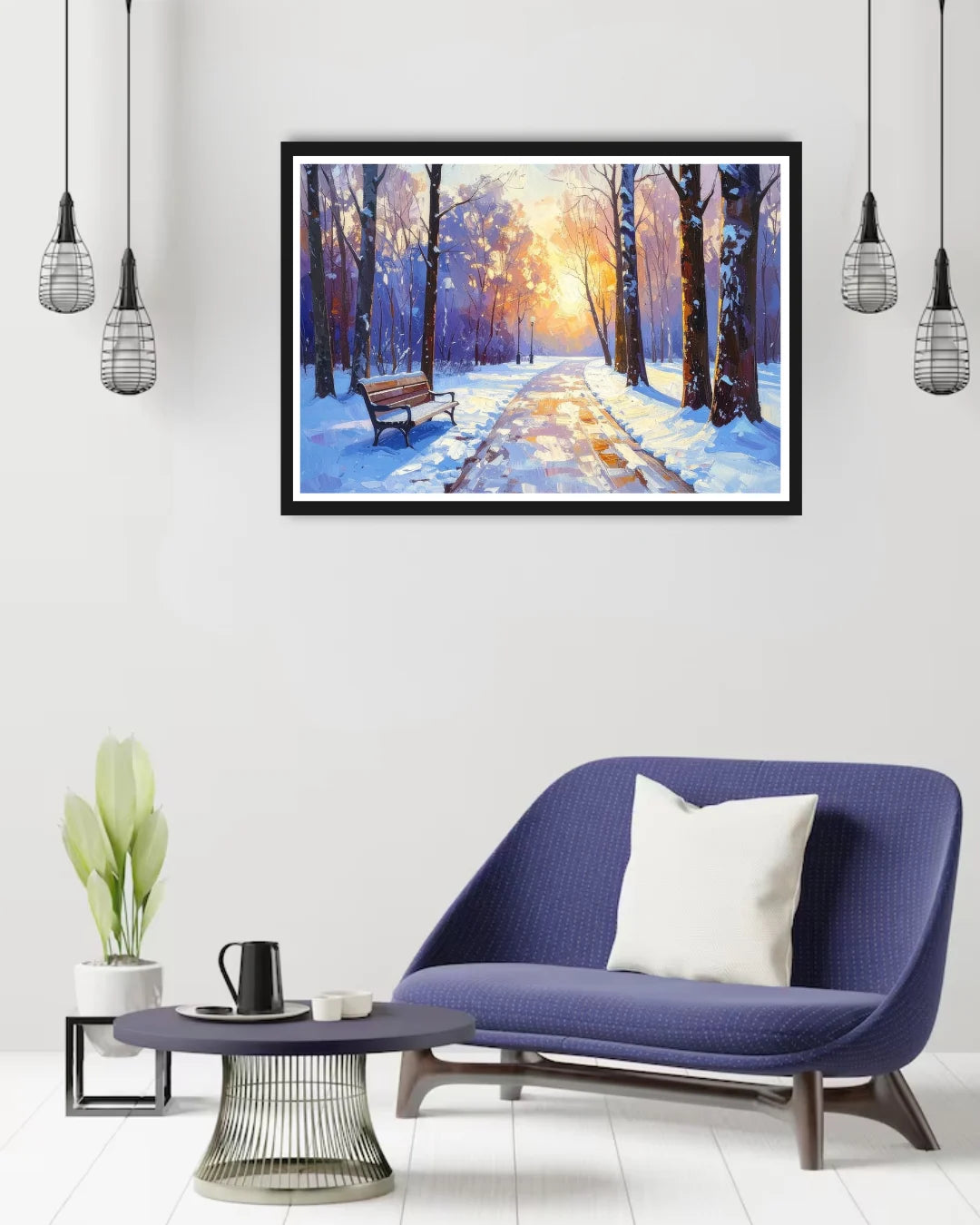 winter wall art canvas in cozy bedroom interior