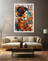 Colorful artwork of a geisha on a wall above a beige sofa in a living room.