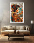 Colorful artwork of a geisha on a wall above a beige sofa in a living room.