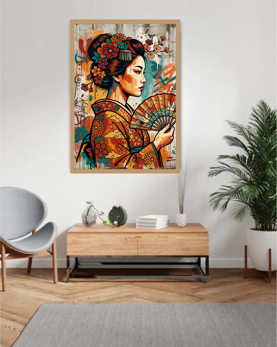 Colorful artwork of a woman holding a fan in a modern living room.