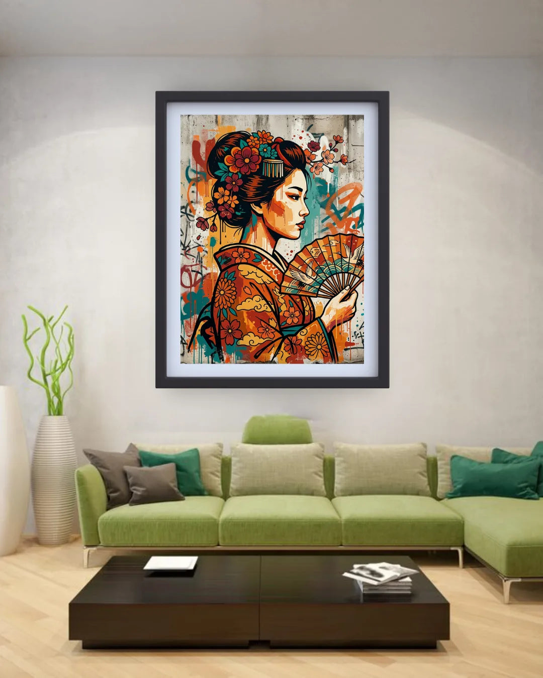 artistic woman canvas artwork displayed in cozy living room