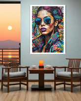 Colorful mural of a woman with sunglasses in a room with wooden chairs and a table.