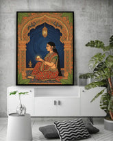 Framed artwork of a woman in traditional attire on a wall above a white cabinet.