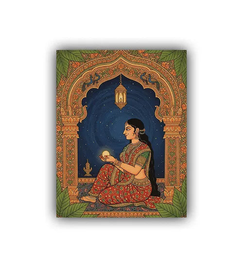 Decorative panel with a woman in traditional attire sitting under an archway with intricate designs.