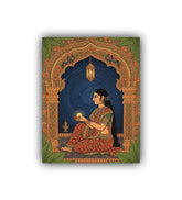 Decorative panel with a woman in traditional attire sitting under an archway with intricate designs.