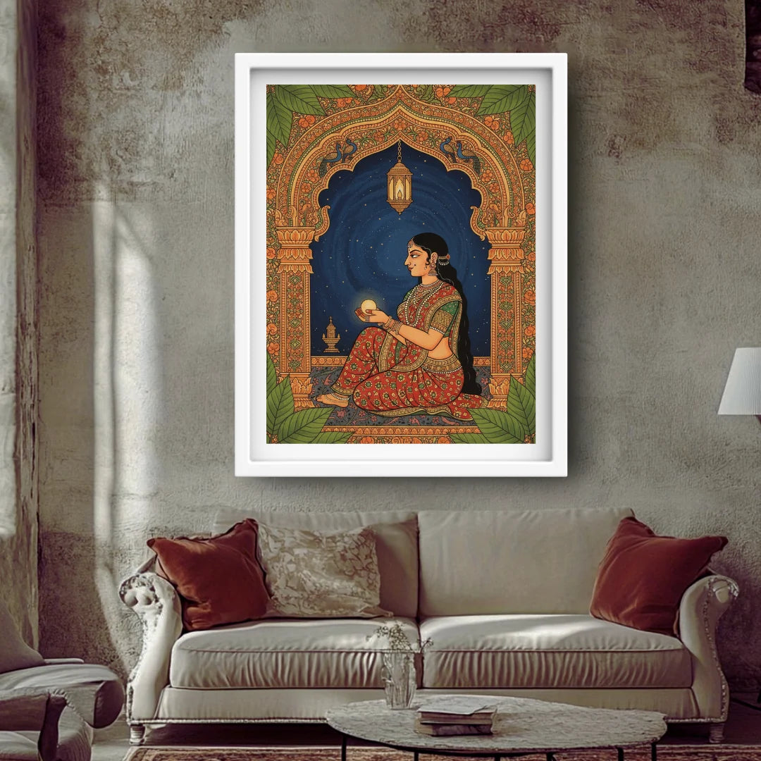 Framed artwork of a woman in traditional attire on a wall above a sofa.