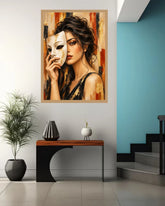A framed art print depicting a woman holding a white mask, displayed on a wall in a modern interior setting with a console table, plant, and staircase.