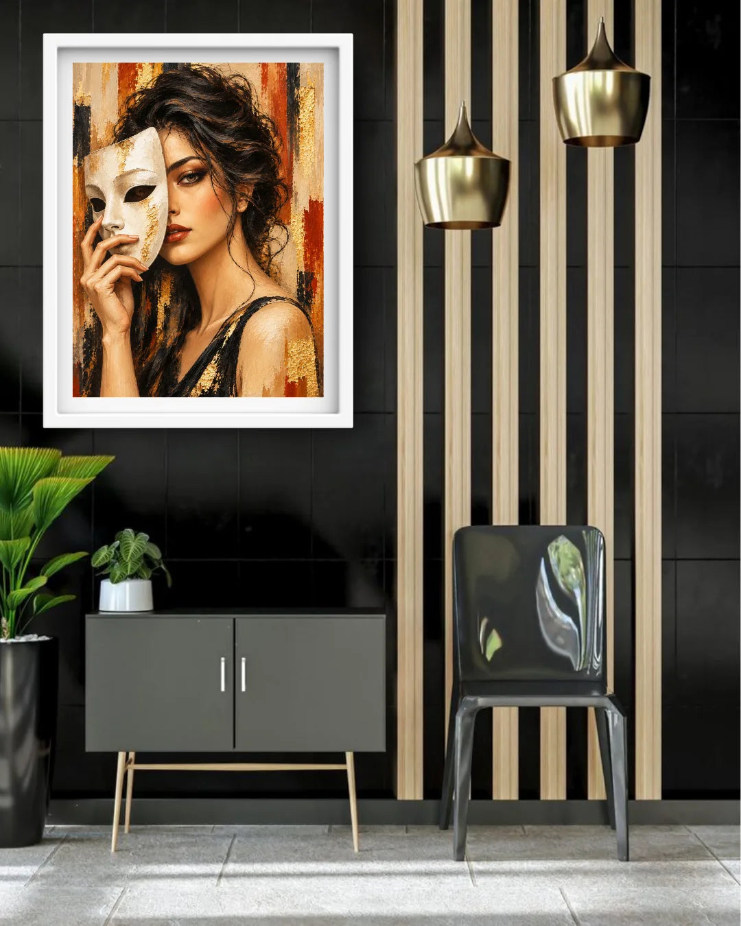 A framed art print depicting a woman holding a white mask, styled in a modern interior setting with a black cabinet, a black chair, gold pendant lights, and a striped wall.