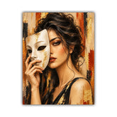 A vertical canvas art print featuring a stylized portrait of a woman holding a white mask against an abstract background with gold, brown, and red paint strokes.