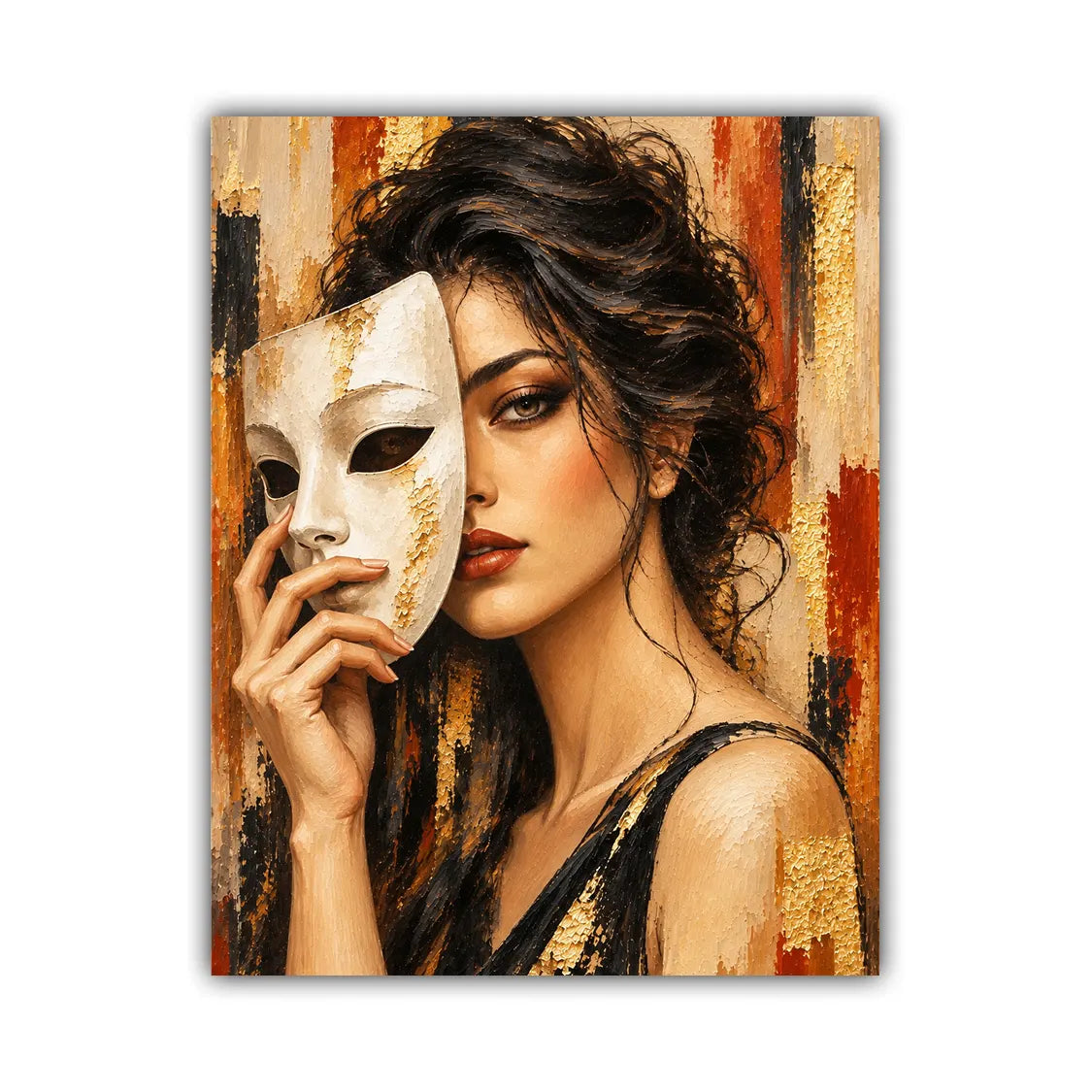 A vertical canvas art print featuring a stylized portrait of a woman holding a white mask against an abstract background with gold, brown, and red paint strokes.