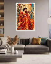 A framed vertical art print depicting a woman in a flowing red dress playing the violin, displayed on a gray wall above a modern gray sofa in a styled living room.