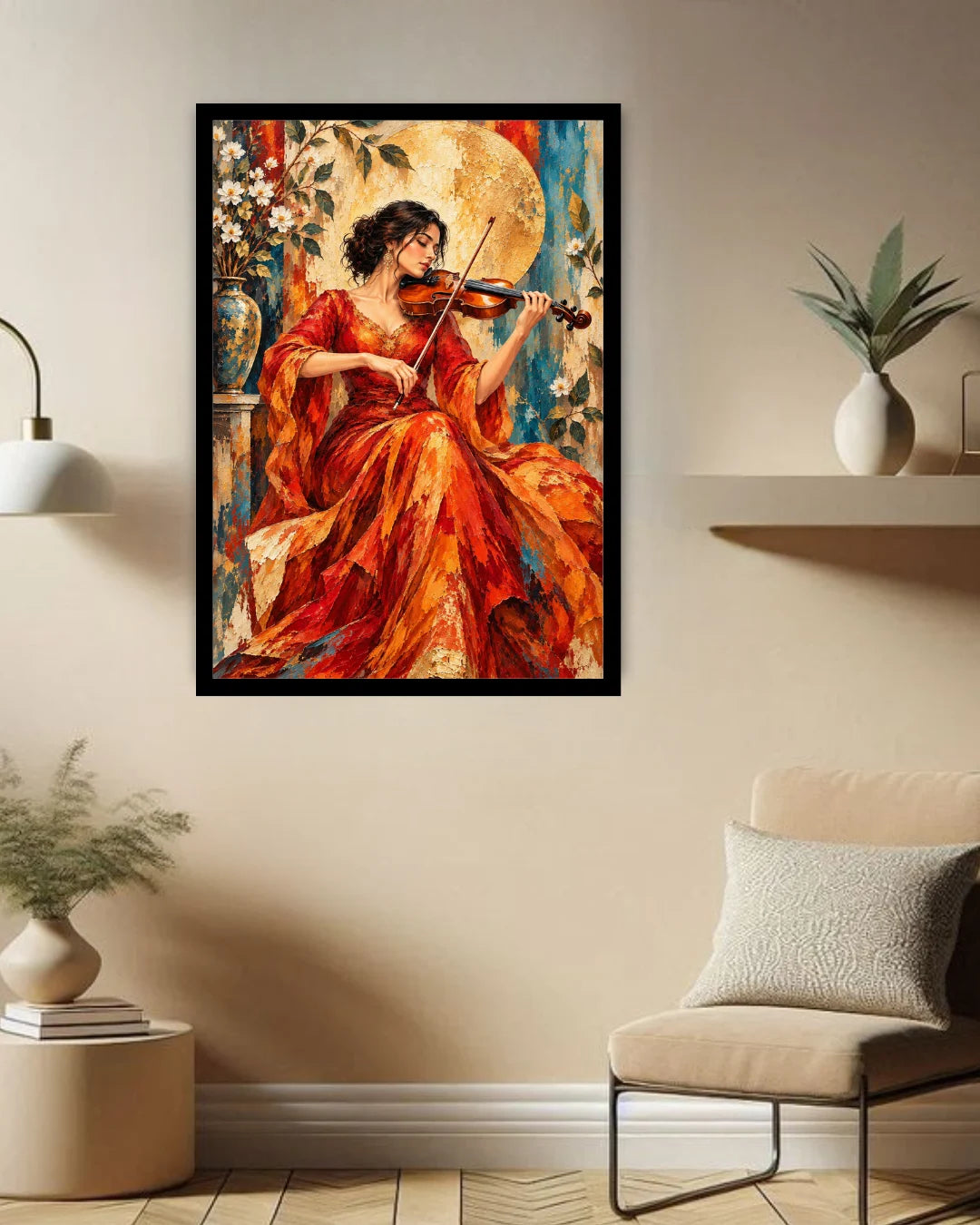A framed vertical canvas art print depicting a woman in a flowing red gown playing the violin, displayed on a beige wall in a styled living room setting.
