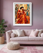 A framed art print depicting a woman in a flowing red dress playing a violin, displayed on a mauve wall above a light pink sofa in a styled living room.