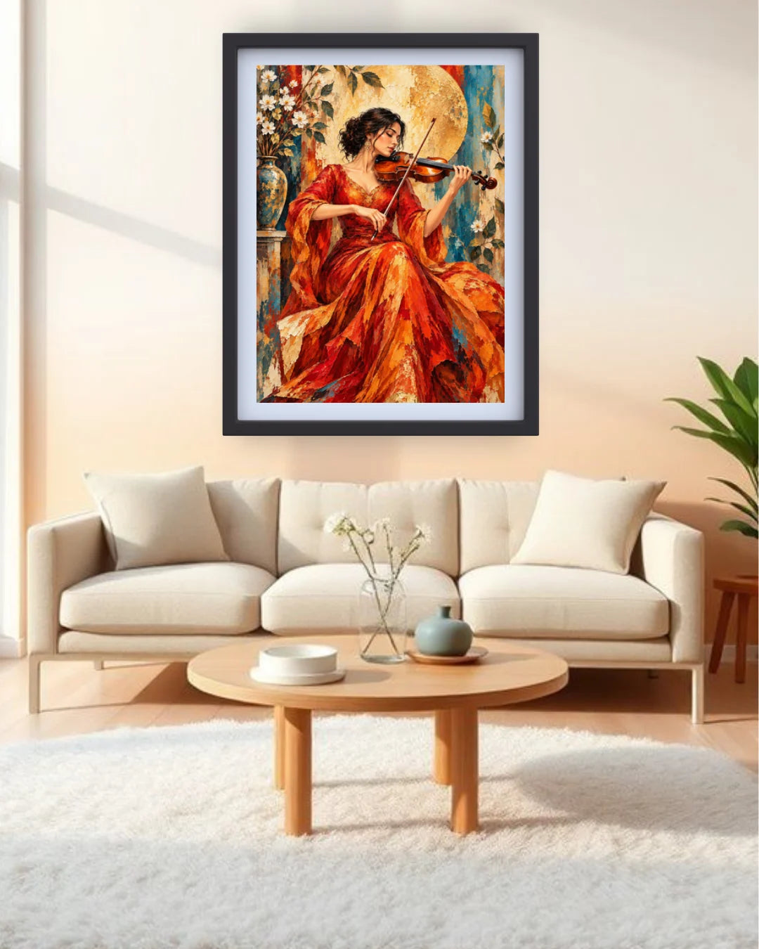 A framed vertical art print depicting a woman in a flowing red dress playing the violin, displayed on a beige wall above a modern white sofa in a bright living room.