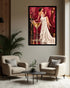 A framed vertical art print depicting a woman in a white gown seated beside a large martini glass, hanging on a beige wall above two cream armchairs and a small black coffee table in a modern living room.