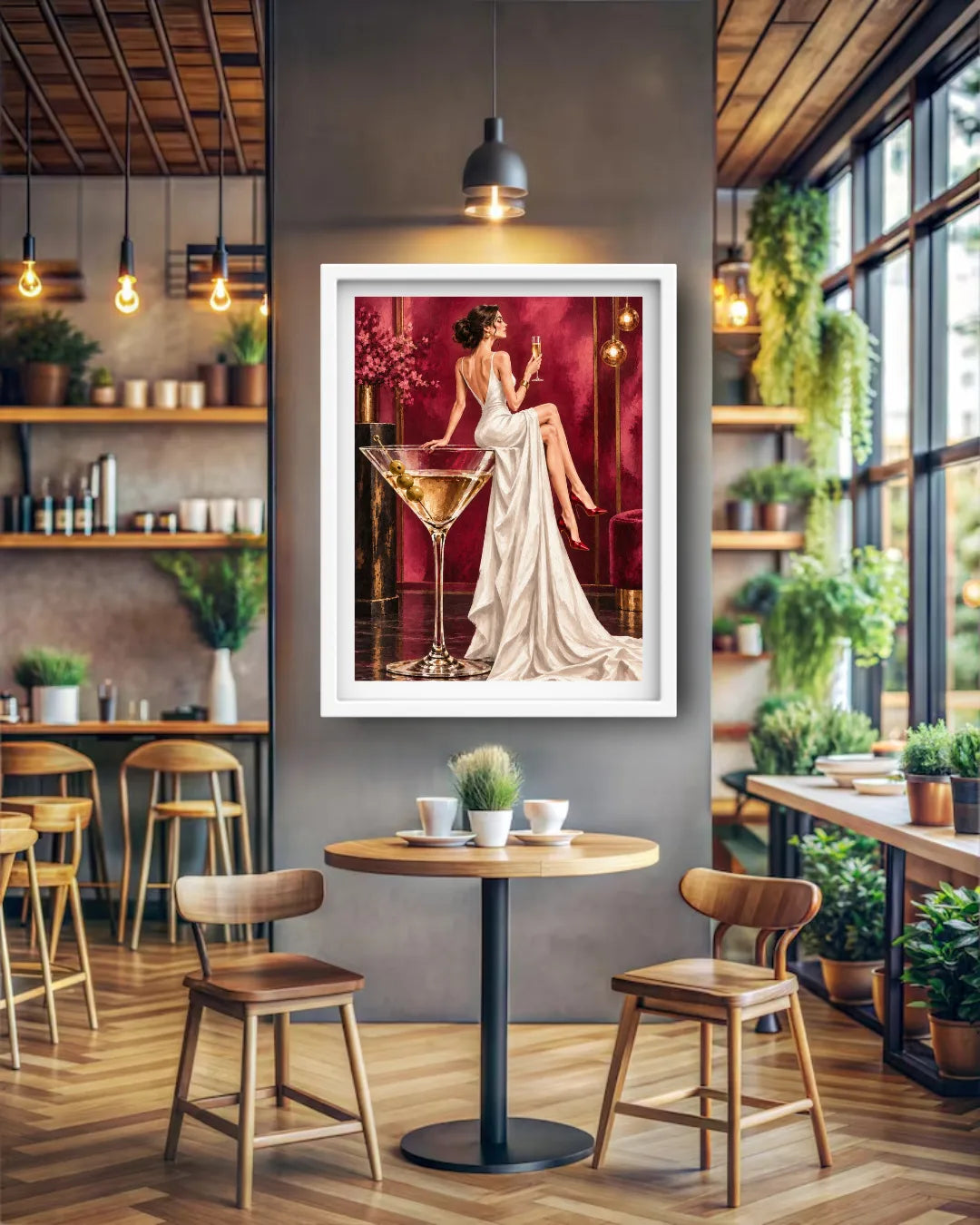 A framed art print depicting a woman in a white gown holding a martini glass, hanging on a gray wall in a modern, stylishly decorated cafe interior with wooden tables, chairs, and shelves.