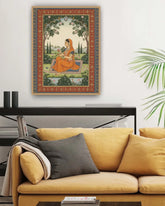 Framed artwork above a yellow sofa in a living room setting