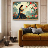 Framed artwork of a woman in traditional attire with flowers in a living room.