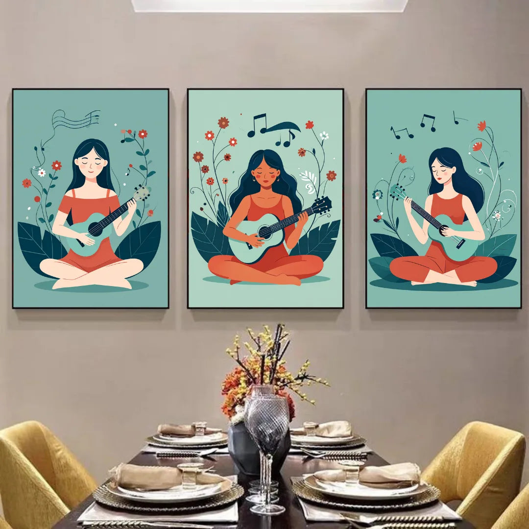 Three framed illustrations of a woman playing guitar on a wall above a dining table.