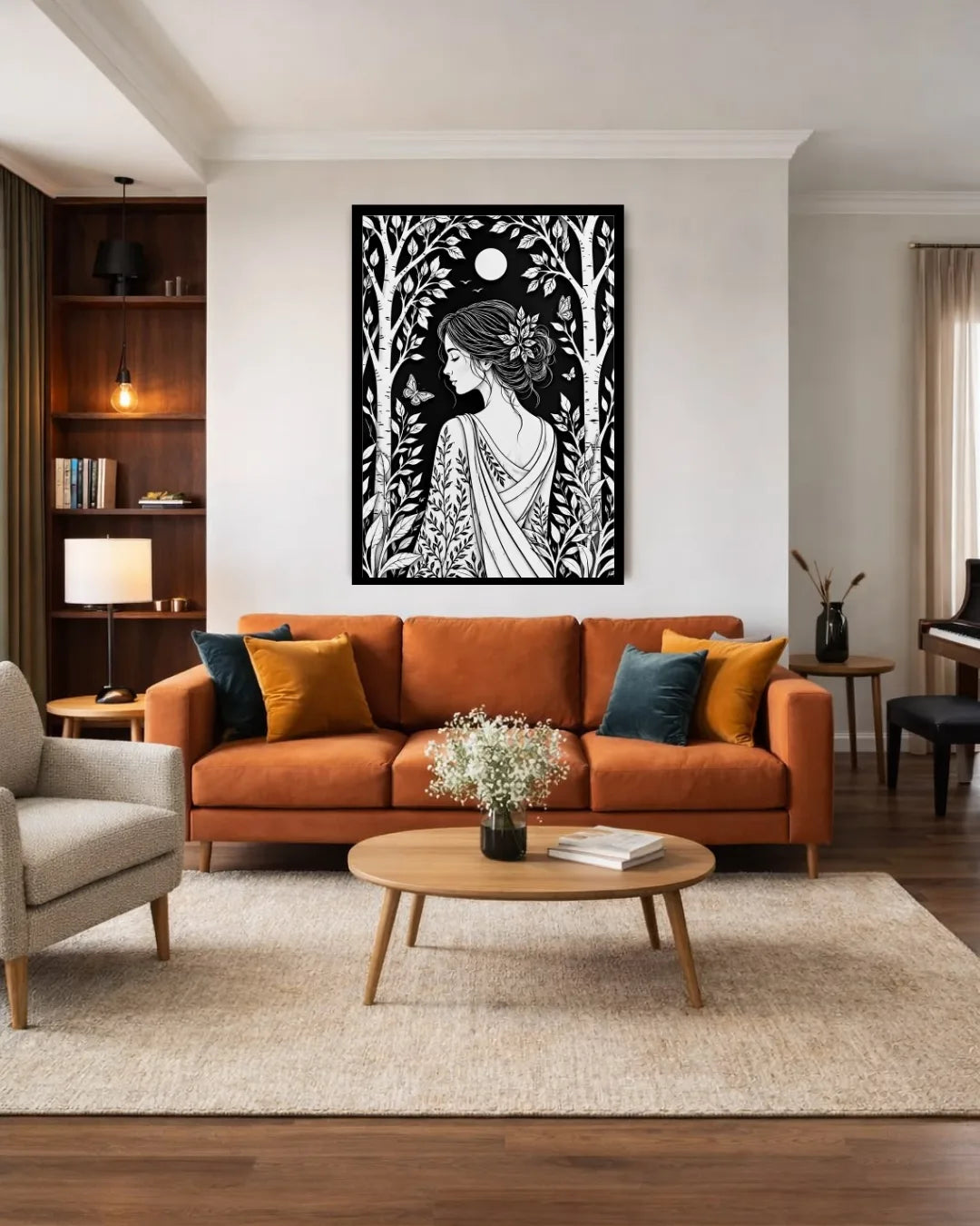 woman silhouette wall art canvas in modern living room decor