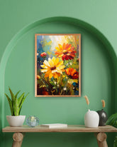 Yellow floral wall art canvas displayed on a green arch wall above a wooden console table
