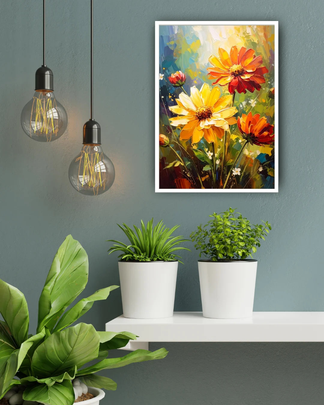 Yellow floral wall art canvas displayed with hanging lights and indoor plants in a modern interior
