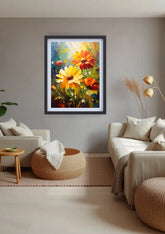 Cozy living room decorated with yellow floral wall art canvas above sofa
