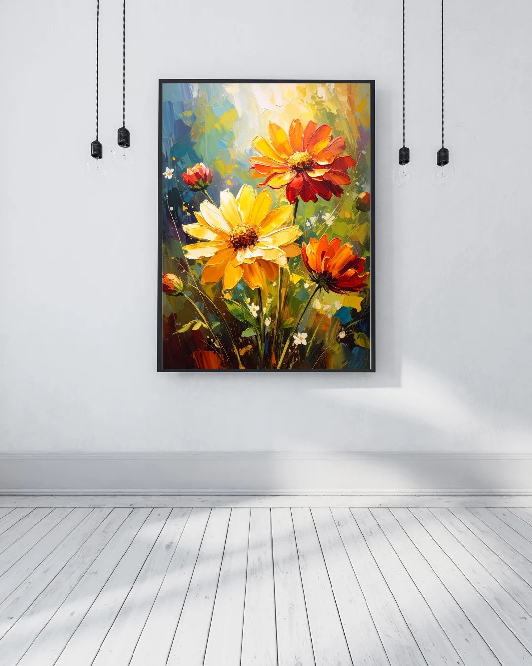 Yellow floral wall art canvas hanging in a minimal white interior with pendant lights
