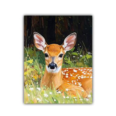 A vertical canvas art print depicting a young deer fawn resting in a grassy field with white flowers and a dark forest background. The canvas is shown against a plain white background.