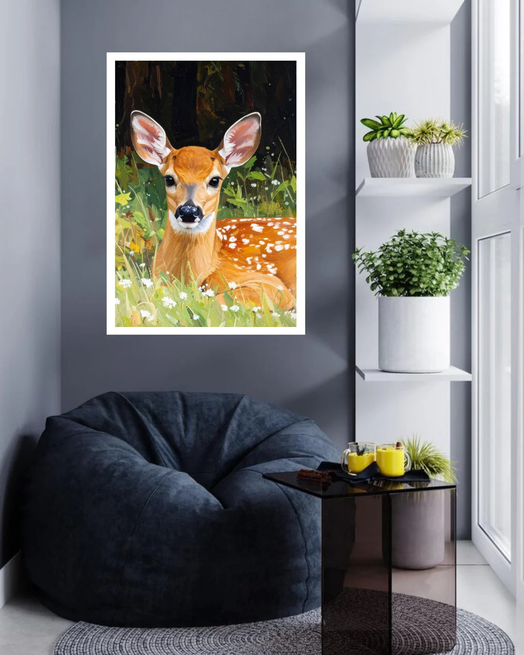 A framed watercolor painting of a brown deer with white spots in a grassy field, displayed on a dark gray wall in a modern living room setting with a beanbag chair and side table.
