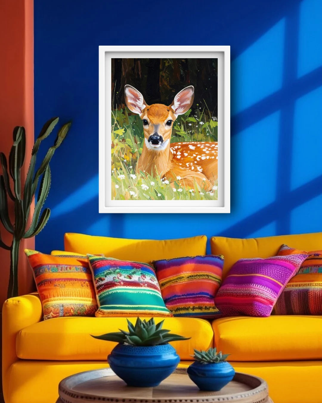 A framed watercolor painting of a fawn in a grassy field hangs on a bright blue wall above a yellow sofa with colorful striped pillows in a stylized living room setting.