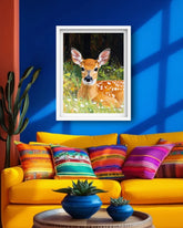 A framed watercolor painting of a fawn in a grassy field hangs on a bright blue wall above a yellow sofa with colorful striped pillows in a stylized living room setting.